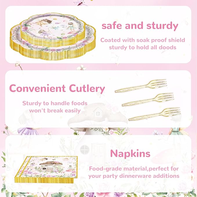 81Pcs Fairy Party Decorations for Girls 1st 2nd Birthday Garden Flower Themed Baby Shower Party Supplies Fairies Enchanted Tableware with Paper Plates Napkins Cups Forks and tablecloth Serve 20