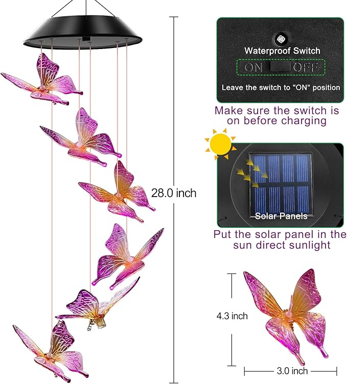 Solar Wind Chimes Outdoor Color Changing Lights, Gift for Women Mom Grandma Sister Best Gifts, Wind Chimes Unique Outdoor Garden Yard Decor (Purple Butterfly)