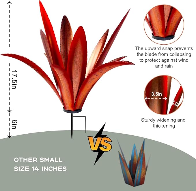 TOMBABY Enlarge Thickened Wind Resistant Metal Agave Garden Art Metal Plant Country Garden Sculpture Statue Outdoor Decoration Agave Metal Plant Courtyard Lawn Ornament Gift (2, 12 Leaves red)