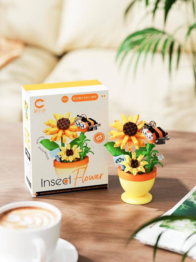 Bee Sunflower Mini Flower Cute Insects Potted Plant Bonsai Building Toy Blocks Particle Set Small Flowers Botanical