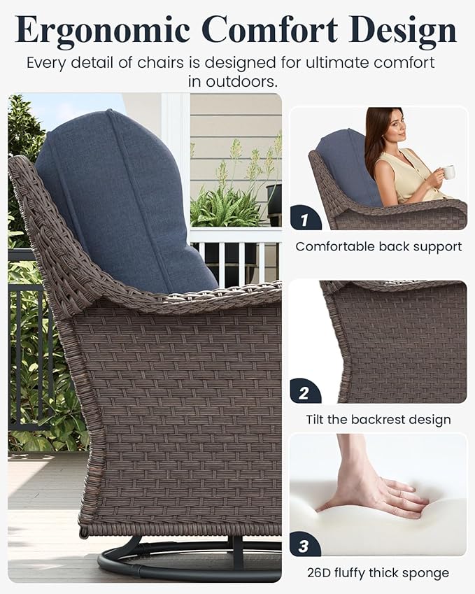 LayinSun 5 Piece Wicker Outdoor Furniture Set with 6-inch Comfy Cushions, High Back Patio Furniture Set with Swivel Rocking Chairs and Side Table