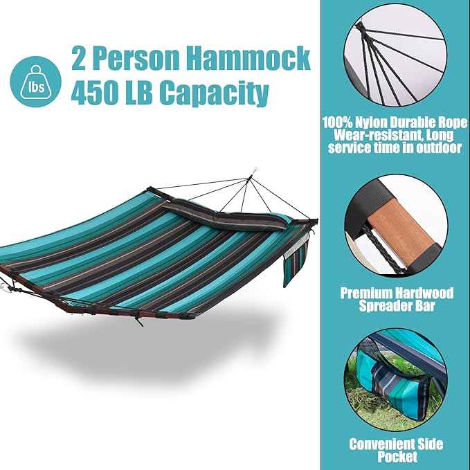TegerDeger 12FT 2 Person Hammock Large Hammock 450LB Capacity with V Shaped Hardwood Spreader Bar & Nylon Rope for Outside, Patio, Garden, Backyard, Beach, Poolside - Teal Stripes