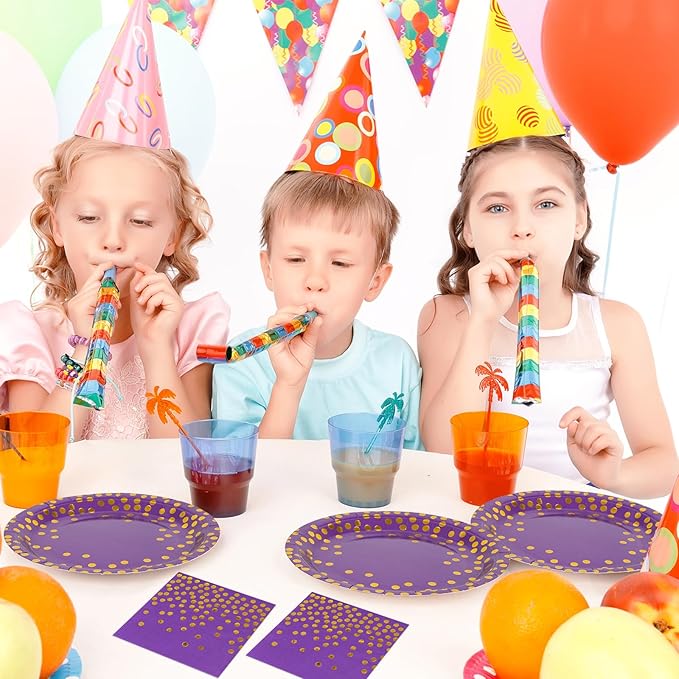 75PCS Paper Plates and Napkins Set - Purple and Gold Dot Disposable Party Dinnerware Includes Paper Plates, Napkins, Forks Decorations for Birthdays, Graduations, Weddings and Holidays, Serves 25