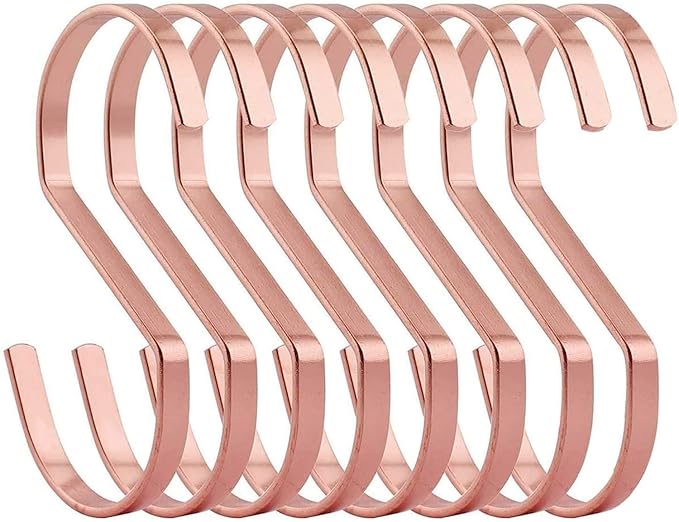 16-Pack 4 Inch Flat S Shape Hooks Heavy-Duty Chrome Finish Hanging S Hooks for Kitchenware, Pots, Utensils, Plants, Towels, Gardening Tools, Clothes (Rose Gold)