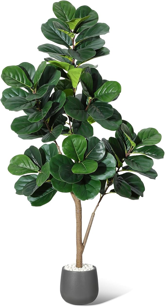 5FT Fiddle Leaf Fig Tree Artificial with 77 Leaves - Realistic Faux Ficus Lyrata Trees in 7.8" Grey Planter Pot, Indoor Fake Floor Plants for Home Office Living Room Decor, Housewarming Gift