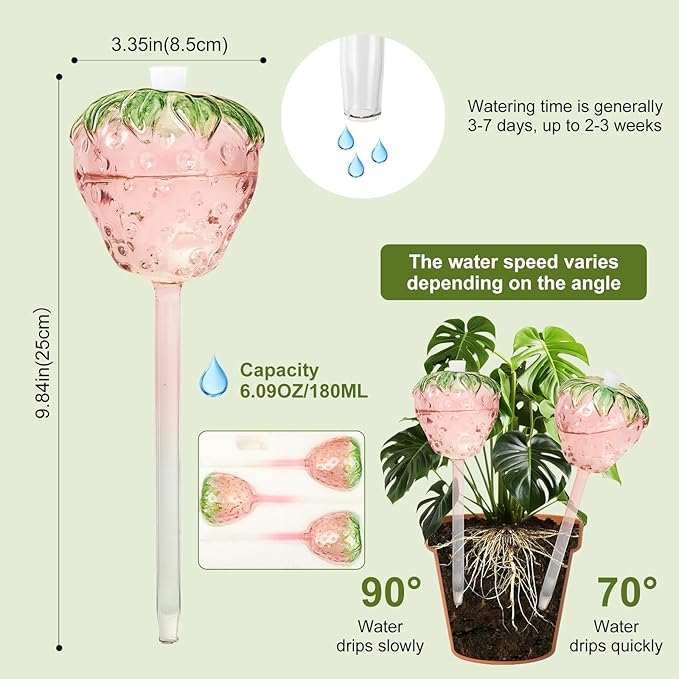 Strawberry Plant Watering Globes Set of 2, Large Water Globes for Indoor Plants, Glass Self Watering Planter Insert, Top-Fill Watering Bulbs for Indoor Outdoor Plants