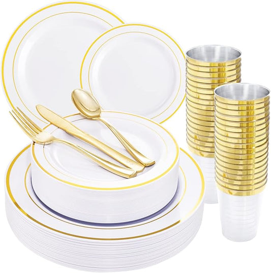 WELLIFE 96 Pcs Gold Plastic Dinnerware Set, Disposable Silverware and Cups, Gold Dinnerware Set, Includes: 16 Dinner Plates 10.25", 16 Dessert Plates 7.5", 16 Cutlery for Party