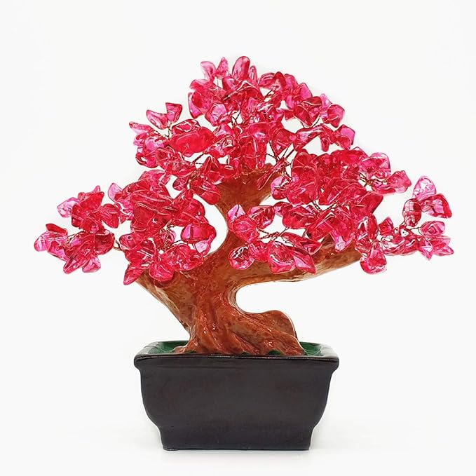 Feng Shui Quartz Crystal Money Tree Bonsai Style Decoration for Luck and Wealth (Red)
