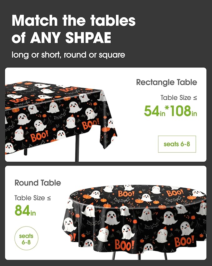 Pureegg Plastic Table Cloth Disposable 8 Pack, 54 x 108 Inch Table Cloths, Vampire Party Decorations, Halloween Tablecloths, Rectangle, Plastic Cover, Leakproof & Sturdy, Halloween Black