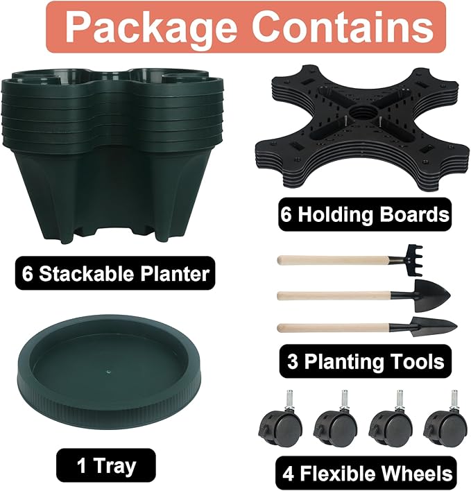 Vertical Planter 6 Tier Stackable Planters Garden Planters Strawberry Herb Flower and Vegetable Planter Indoor Outdoor Gardening Pots with Removable Wheels and Tools 2-Pack