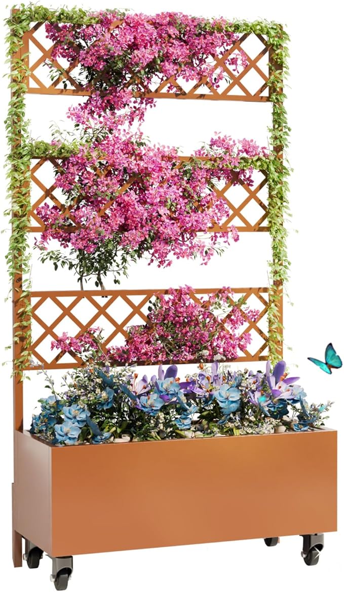 Kinchox Metal Raised Garden Bed with Trellis Outdoor Metal Planter Box with Planting Pockets Garden Box for Climbing Plants Privacy Planters for Patio