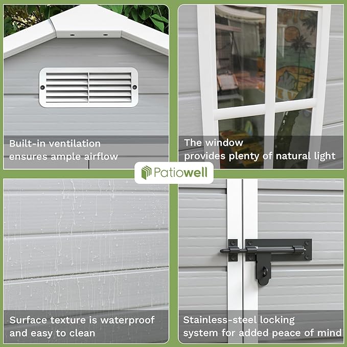 Patiowell 6x4 FT Plastic Outdoor Storage Shed, Resin Outside Shed Perfect to Store Patio Furniture, GardenTools Bike Accessories, Beach Chairs and Lawn Mower, Light Grey
