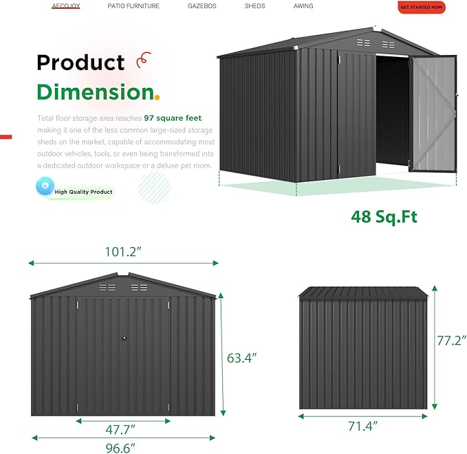 AECOJOY Shed 8' x 6' Metal Storage Shed for Outdoor, Dark Grey Steel Backyard Shed (53 Sq.Ft Land) with Design of Lockable Doors, Utility and Tool Storage for Garden, Backyard, Patio, Outside use