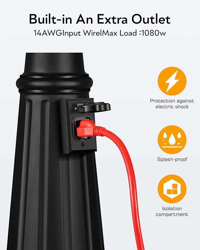 VIANIS Outdoor Lamp Post Light with Outlet, Waterproof Dusk to Dawn Lamp Posts Outdoor Lighting 3-Head, Anti-Rust Black Street Light for Garden, House, Doorway, Weather Resistant