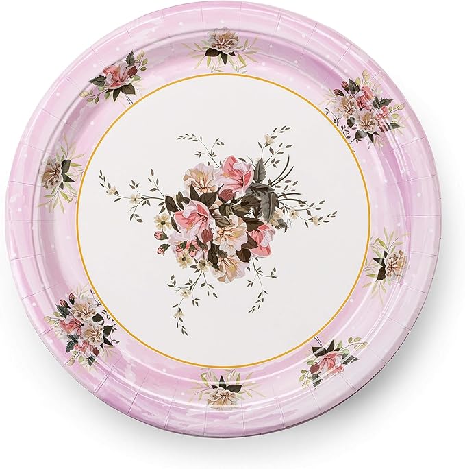 ROYAL BLUEBONNET Paper Plates and Napkins Set, Floral Design, 24 Pieces, Pink, Spring, Disposable Party Supplies