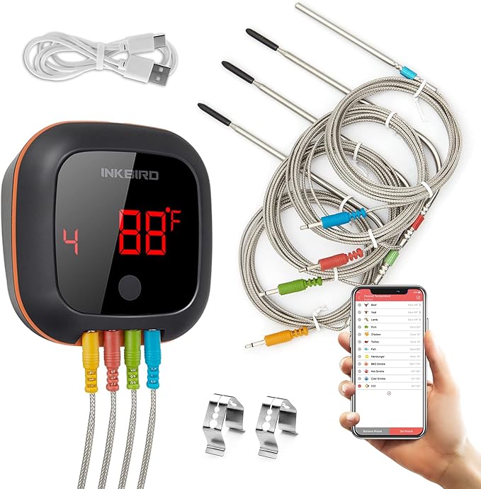 Inkbird Bluetooth Grill BBQ Meat Thermometer with 4 Probes Digital Wireless Grill Thermometer, Timer, Alarm,150 ft Barbecue Cooking Kitchen Food Meat Thermometer for Smoker, Oven, Drum