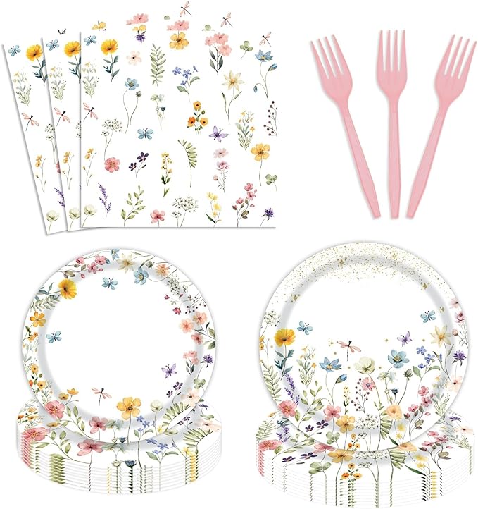 96 Pcs Wildflower Party Supplies Paper Plates and Napkins Disposable Spring Floral Baby Shower Birthday Tableware Decorations for Spring Summer Picnic Wedding Tea Party, Serve 24 Guests