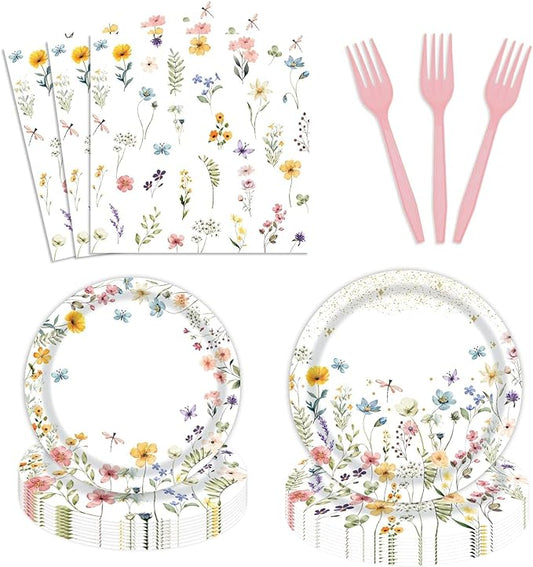 96 Pcs Wildflower Party Supplies Paper Plates and Napkins Disposable Spring Floral Baby Shower Birthday Tableware Decorations for Spring Summer Picnic Wedding Tea Party, Serve 24 Guests