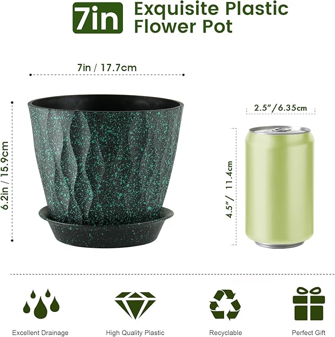 7 inch Plant Pots for Indoor Outdoor Plants, 5 Pack Thick Flower Pots with Drainage Holes and Saucers, 3D Modern Wave Texture Plastic Planter Nursery Pots, Black with Green Speckles