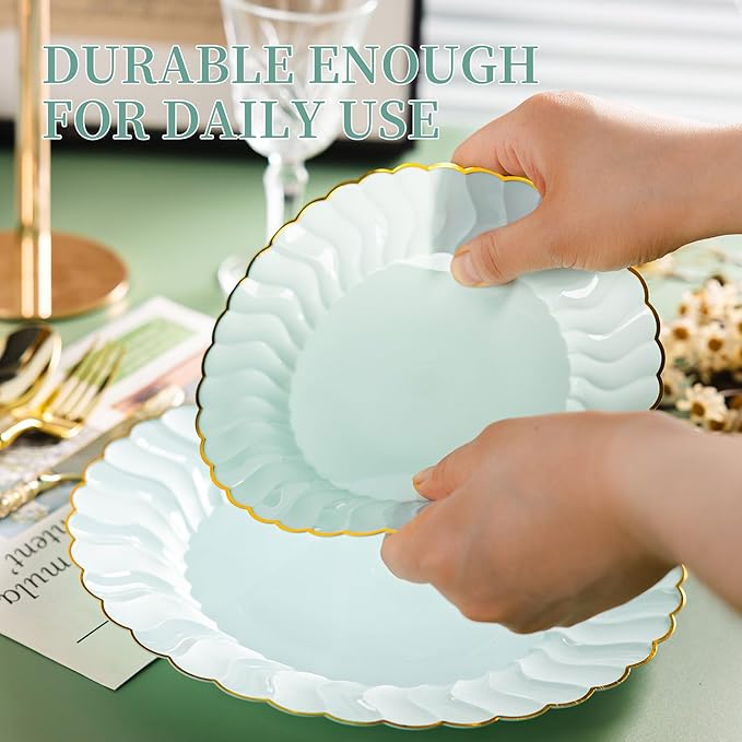 Lullaby 60PCS Sage Green Plastic Plates with Gold Rim, Includes 30PCS Dinner Plate 10.25'' and 30 PCS Dessert Plate 7.5'', Green Disposable Plates for Party, Birthdays, Wedding and Daily Use