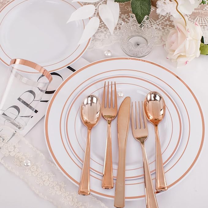 WELLIFE 150 Pcs Rose Gold Plastic Plates with Disposable Rose Gold Cutlery, Includes: 25 Dinner Plate 10.25", 25 Dessert Plates 7.5", 25 Cups 9OZ and 25 Silverware for Wedding
