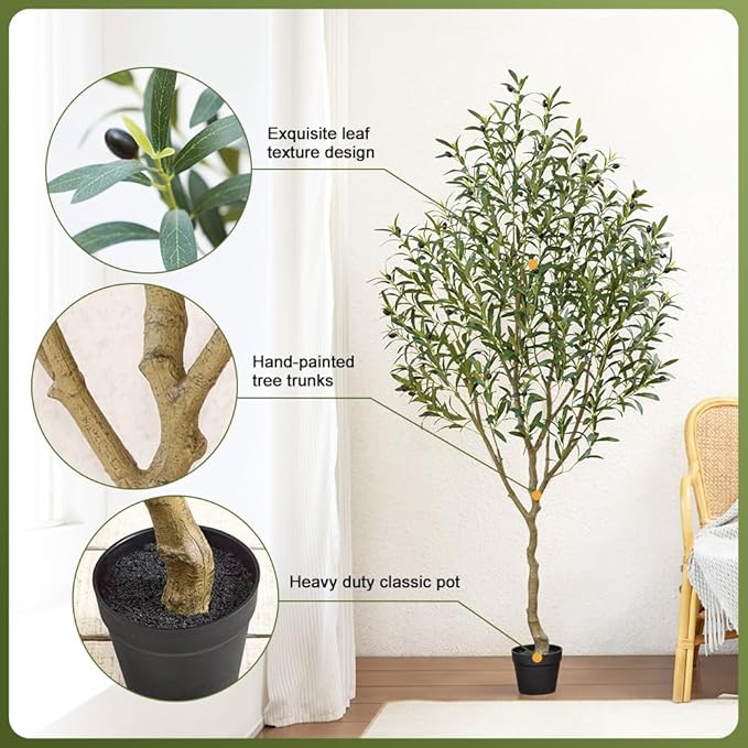 Olive Tree Artificial – 6ft Faux Olive Tree with UV Resistant Leaves - Tall Fake Plant in Pot, Large Floor Plants for Indoor & Outdoor, Living Room, Office, Modern Home Decor, VN126