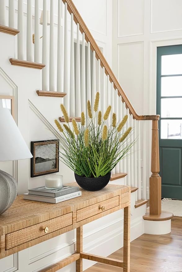 Artificial Plants Indoor with Pot, 17.3" Fake Potted Plants Artificial Onion Grass Plant with Coffee Dog Tail Grass Small Faux Plant Indoor for Home Living Room Table Shelf Decor