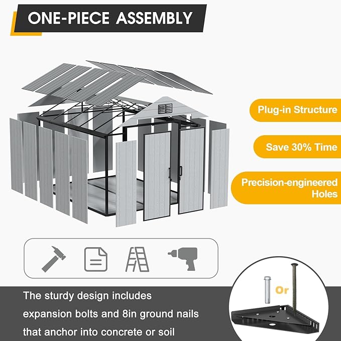 8 x 10 FT Resin Storage Tool Shed, All-Weather Outdoor Storage Shed with Windows, Lockable Doors & Floor, Plastic Storage Shed for Patio, Poolside, Backyard, Garden
