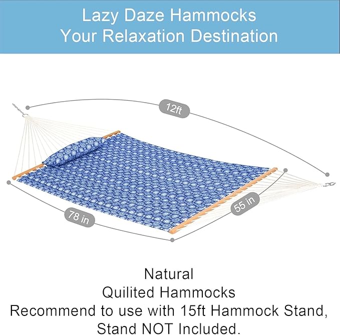 Lazy Daze Hammocks 12 FT Double Quilted Fabric Hammock with Spreader Bars and Detachable Pillow, 2 Person Hammock for Outdoor Patio Backyard Poolside, 450lbs Weight Capacity, Blue Floral, HM003648