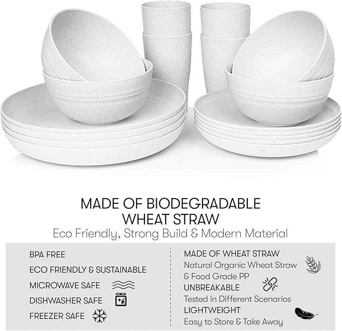 Wheat Straw Dinnerware Sets | Unbreakable Dinnerware Sets | Dishwasher Microwave Safe Dinnerware | Eco Friendly Non Breakable Dinnerware Sets | RV Outdoor Camping (White, Service for 4 (16 pcs))