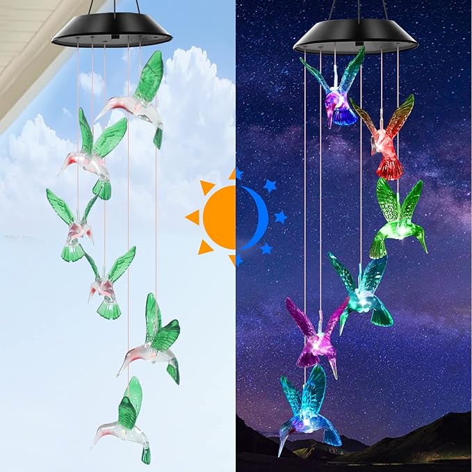 Solar Wind Chimes Outdoor Color Changing Lights, Gift for Women Mom Grandma Sister Best Gifts, Wind Chimes Unique Outdoor Garden Yard Decor (Green Hummingbird)