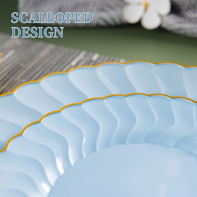 Lullaby 60PCS Light Blue Plastic Plates with Gold Rim, Includes 30PCS Dinner Plate 10'' and 30PCS Dessert Plate 7.5'', Baby Blue Plastic Plates for Party, Wedding and Daily Use