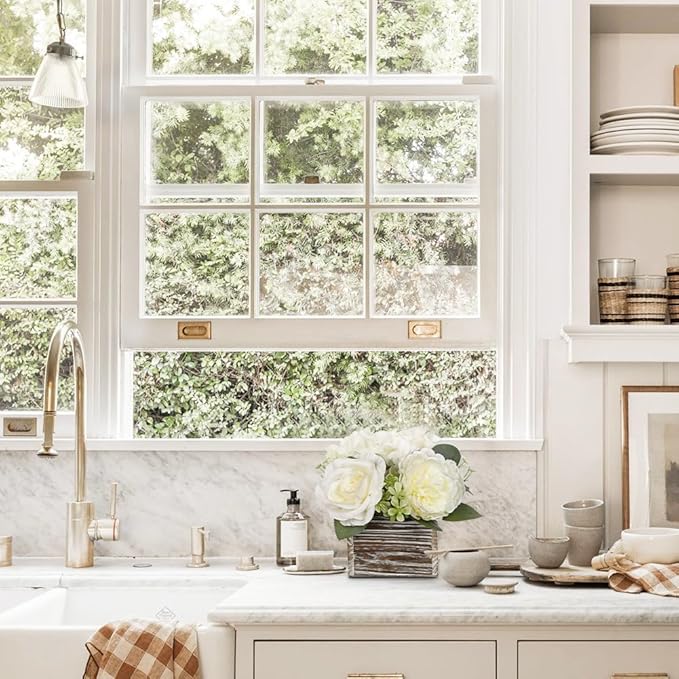 Flower Arrangement with Wooden Vase 8" Artificial Flowers in Pot - Fake Flowers Roses Peonies Hydrangeas in Wooden Vase Potted Artificial Flower Centerpieces for Table Decor Living Room - White