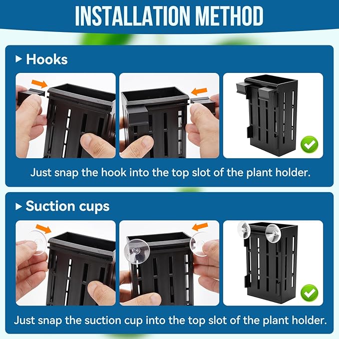 Upgraded Large Aquarium Plant Holder with Hooks and Suction Cups for Fish Tank Aquaponic Plant Cultivation and Aquascape Decorations (Black)
