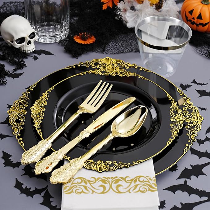 Hioasis 175pcs Black and Gold Plastic Plates - Elegant Disposable Dinnerware Set Suitable for 25 Guests Include 10.25" Dinner & 7.5" Dessert Plates, Cutlery, Napkins, Cups for Party & Halloween