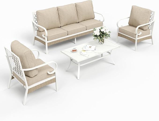 4 Piece Metal Outdoor Patio Furniture Set, Patio Conversation Sets 1 3-seater Sofa, 2 Single Sofa with 5.75" Extra Thick Cushion and Coffee Table, White Frame Backyard Furniture, Beige