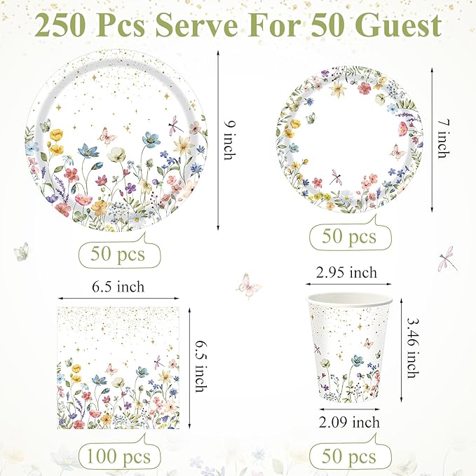 250 Pcs Wildflower Party Decorations Include Spring Summer Floral Paper Plates Napkins and Cups for Wildflower Baby Shower Tea Decorations, Serve 50 Guest (Colorful,Floral Style)