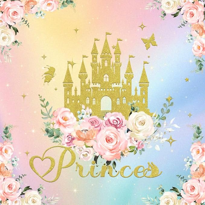 96PCS Princess Castle Plates and Napkins Girls Gold Princess Flower Castle Birthday Tableware Set Watercolor Pastel Rainbow Castle Party Table Decorations Favors Serves 24 Guests