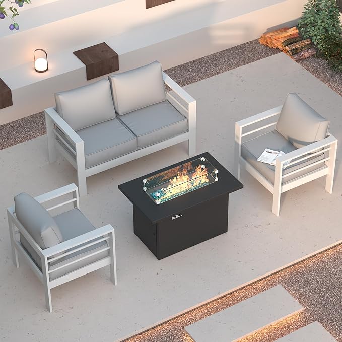 Patio Furniture Set with Fire Pit Table, Aluminum Patio Furniture Set,White Outdoor Metal Sectional Sofa with Aluminum Fire Pit Table for Garden Backyard (Include Waterproof Cover)