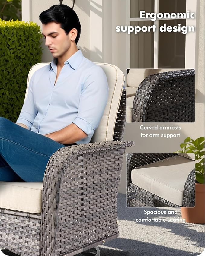 7-Piece Wicker Patio Furniture Set, All-Weather Rattan Conversation Bistro Loveseat Chair and Patio Rockers Set for Backyard, Balcony and Deck with Soft Cushions and Metal Table(Beige)