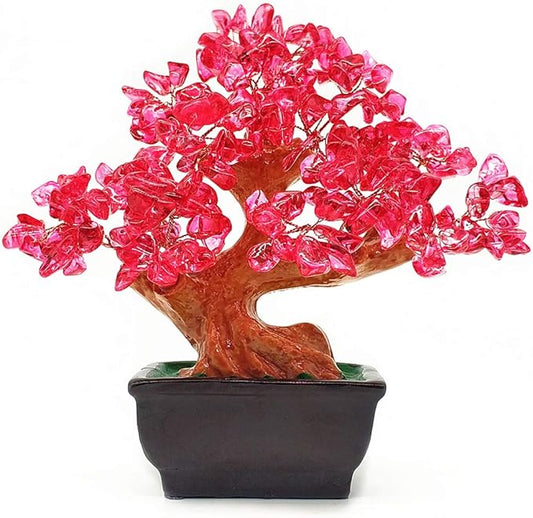 Feng Shui Quartz Crystal Money Tree Bonsai Style Decoration for Luck and Wealth (Red)