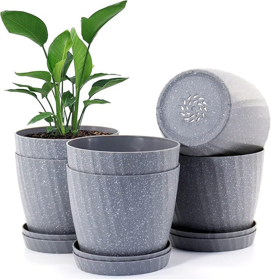 7 Inch Plant Pots Bulk, 6 Pack Plastic Planters with Drainage Holes and Saucers for Indoor Outdoor House Plants and Flowers, Grey