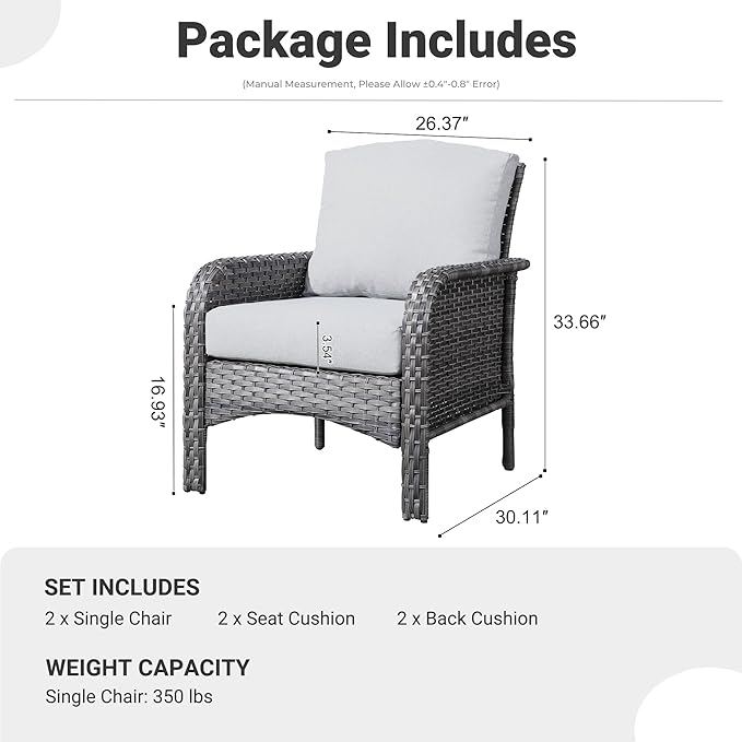 ovios 2 Pieces Patio Furniture Set, Outdoor Wicker Chairs of 2, All Weather High Back Rattan Chairs 2-Seater with Comfy Cushions for Porch Deck, Grey