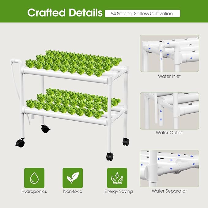 Vertical Hydroponic Growing White, 54 Planting Holes, Water Circulation System, Indoor Outdoor Garden Kit with Timer & Pump