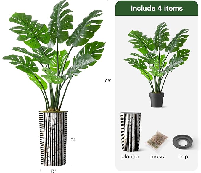Artificial Tree in Black and Brown Striped Planter, Fake Monstera Silk Tree for Indoor and Outdoor Home Decoration - 65" Overall Tall (Plant Pot Plus Tree)