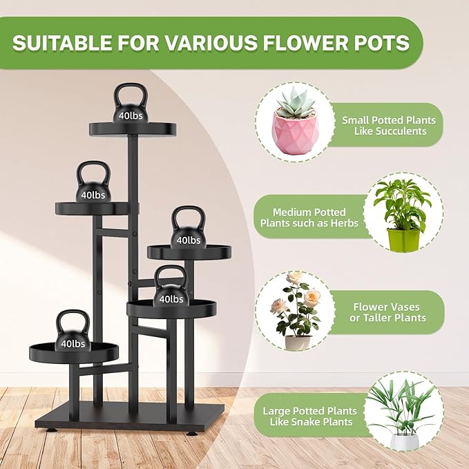 iDavosic.ly 5 Tier Plant Stand Indoor, Tiered Corner Flower Holder Shelf Outdoor, Metal Tall Orchid Display Rack for Patio Porch Garden Balcony Office Bedroom, Black Walnut