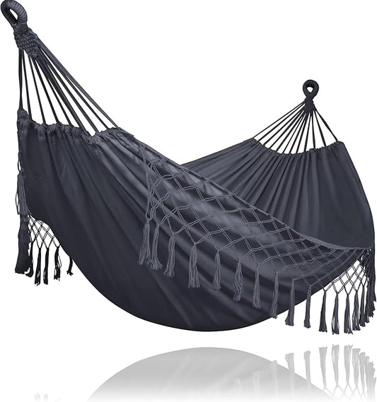 SUNCREAT Extra Large Double Hanging Hammock for Camping, Hammocks for Outside 2 Person Heavy Duty, Dark Gray with Tassels