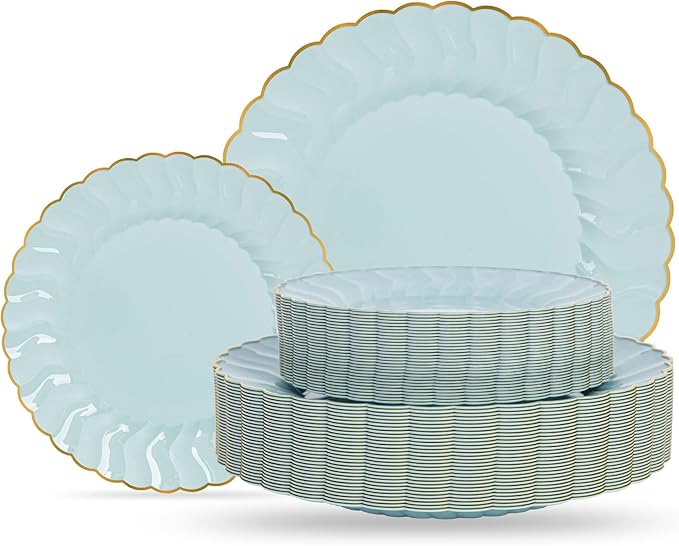 Lullaby 60PCS Sage Green Plastic Plates with Gold Rim, Includes 30PCS Dinner Plate 10.25'' and 30 PCS Dessert Plate 7.5'', Green Disposable Plates for Party, Birthdays, Wedding and Daily Use