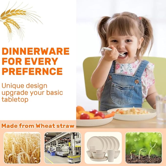 Wheat Straw Dinnerware Sets - SGAOFIEE 36 Piece Unbreakable Dinnerware Sets, Reusable Wheat Straw Plates and Bowls Sets, Travel Camping Cutlery Set, Dishwasher Microwave Safe Dinnerware-Beige White