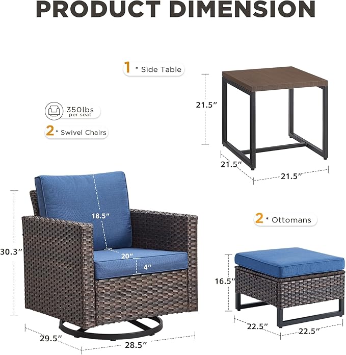 Patio Furniture Set with Swivel Chairs-5 Piece Outdoor Swivel Rocker Patio Chairs with Ottomans Rattan Side Table, Comfy Cushion Outdoor Furniture Set for Porch Deck Garden Backyard(Brown/Blue)